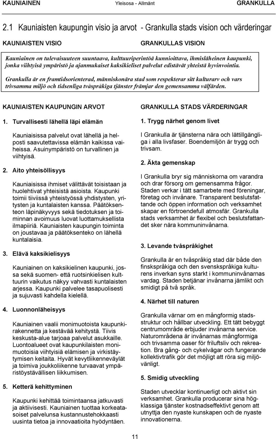 ihmisläheinen kaupunki, jonka viihtyisä ympäristö ja ajanmukaiset kaksikieliset palvelut edistävät yhteistä hyvinvointia.