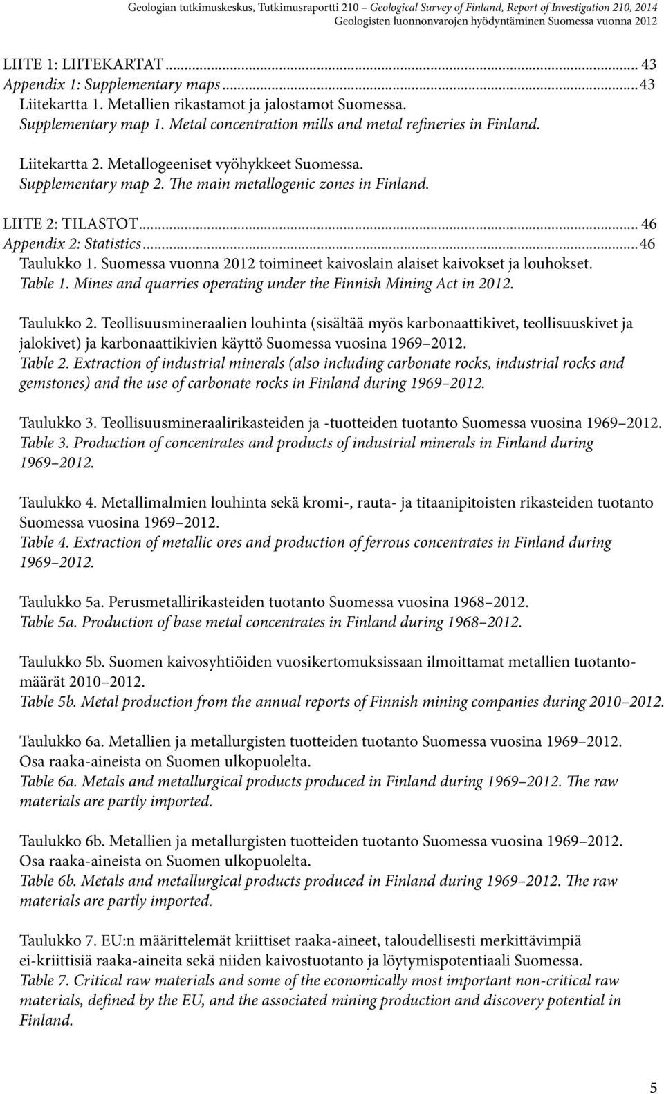 LIITE 2: TILASTOT... 46 Appendix 2: Statistics...46 Taulukko 1. Suomessa vuonna 2012 toimineet kaivoslain alaiset kaivokset ja louhokset. Table 1.