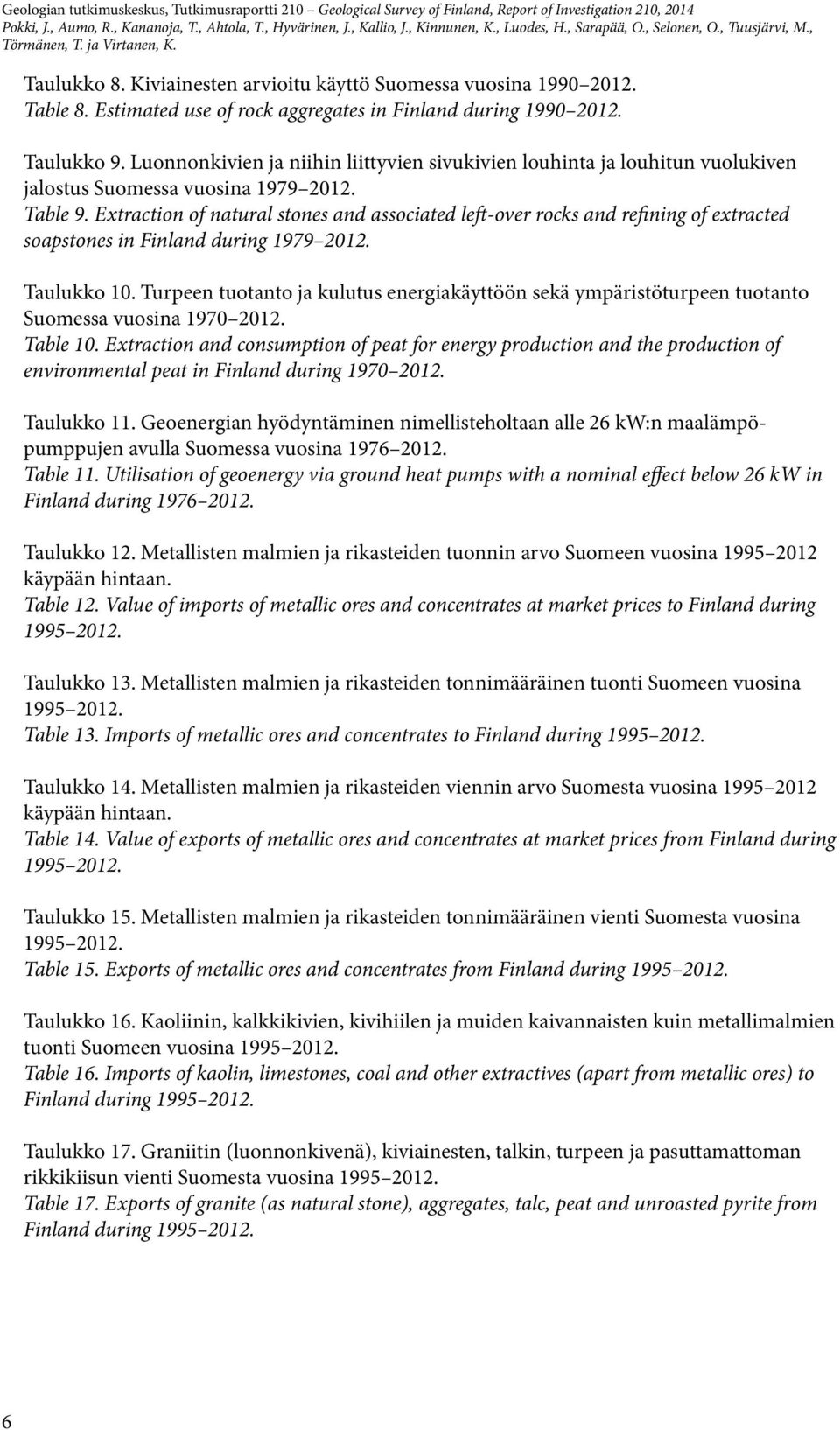 Luonnonkivien ja niihin liittyvien sivukivien louhinta ja louhitun vuolukiven jalostus Suomessa vuosina 1979 2012. Table 9.