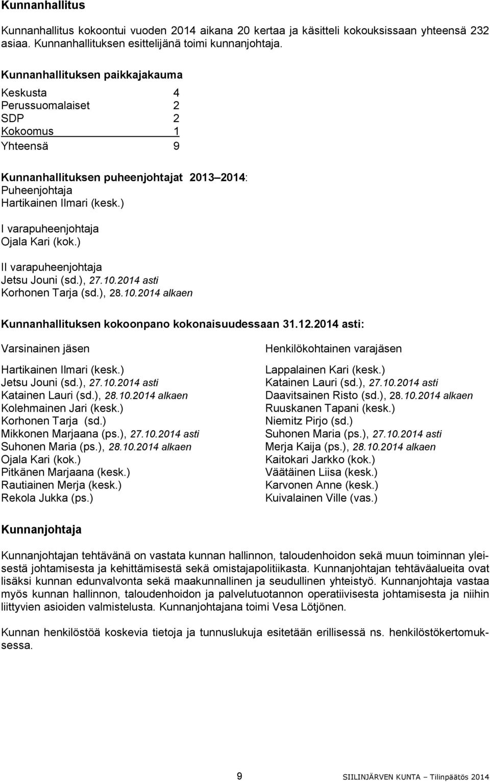 ) I varapuheenjohtaja Ojala Kari (kok.) II varapuheenjohtaja Jetsu Jouni (sd.), 27.10.2014 asti Korhonen Tarja (sd.), 28.10.2014 alkaen Kunnanhallituksen kokoonpano kokonaisuudessaan 31.12.