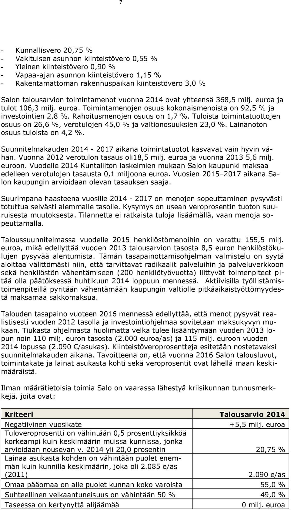 Rahoitusmenojen osuus on 1,7 %. Tuloista toimintatuottojen osuus on 26,6 %, verotulojen 45,0 % ja valtionosuuksien 23,0 %. Lainanoton osuus tuloista on 4,2 %.