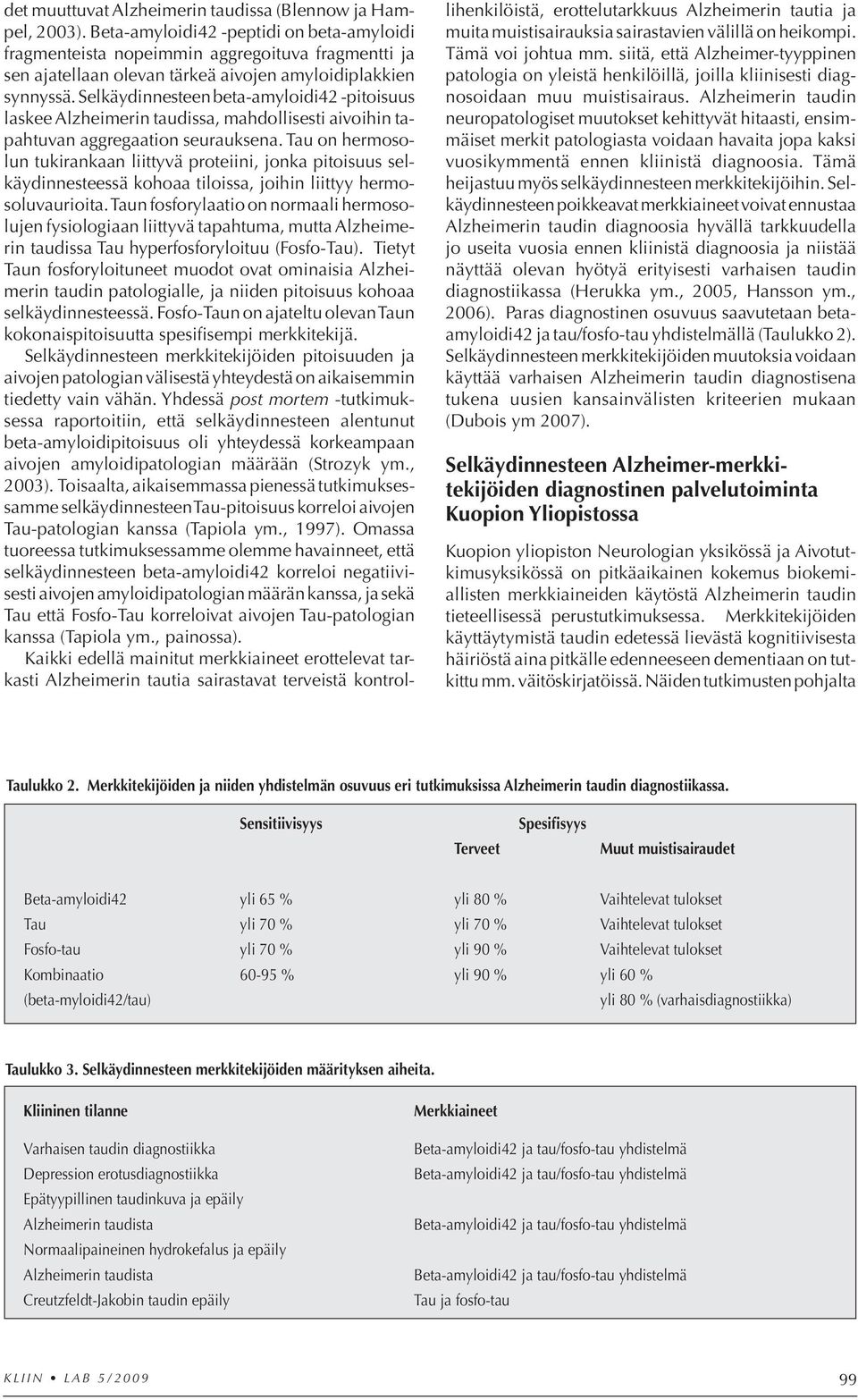 Selkäydinnesteen beta-amyloidi42 -pitoisuus laskee Alzheimerin taudissa, mahdollisesti aivoihin tapahtuvan aggregaation seurauksena.