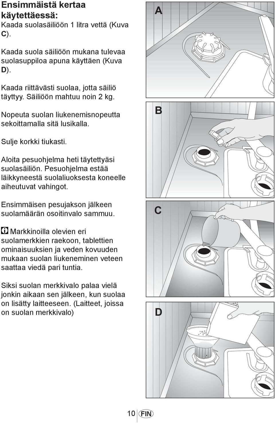 Pesuohjelma estää läikkyneestä suolaliuoksesta koneelle aiheutuvat vahingot. 1012 Ensimmäisen pesujakson jälkeen suolamäärän osoitinvalo sammuu.
