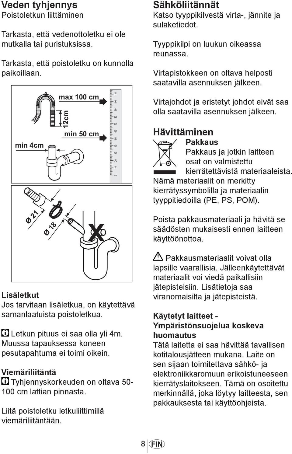 Virtajohdot ja eristetyt johdot eivät saa olla saatavilla asennuksen jälkeen. Hävittäminen Pakkaus Pakkaus ja jotkin laitteen osat on valmistettu kierrätettävistä materiaaleista.