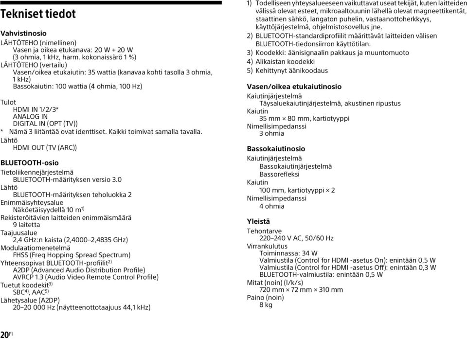 (OPT (TV)) * Nämä 3 liitäntää ovat identtiset. Kaikki toimivat samalla tavalla. Lähtö HDMI OUT (TV (ARC)) BLUETOOTH-osio Tietoliikennejärjestelmä BLUETOOTH-määrityksen versio 3.