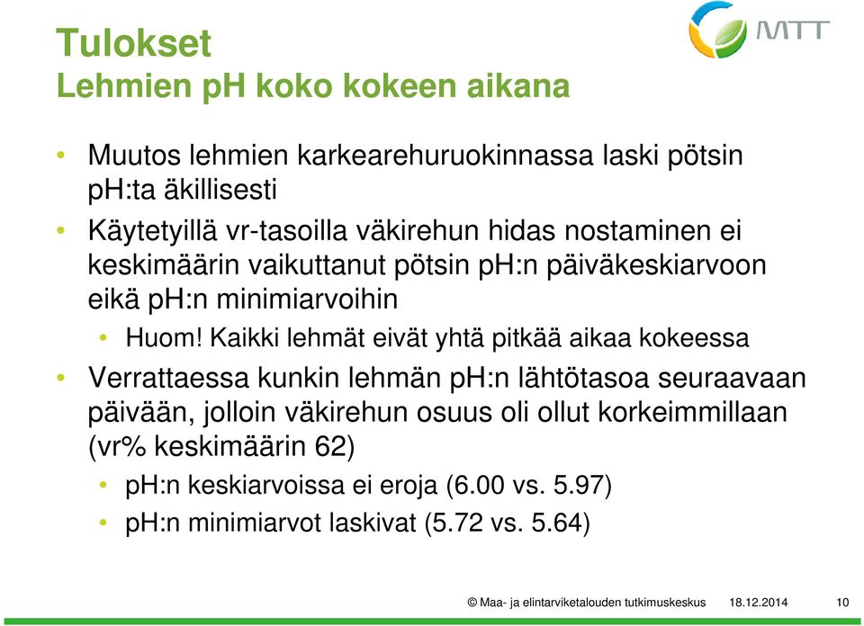 Kaikki lehmät eivät yhtä pitkää aikaa kokeessa Verrattaessa kunkin lehmän ph:n lähtötasoa seuraavaan päivään, jolloin väkirehun