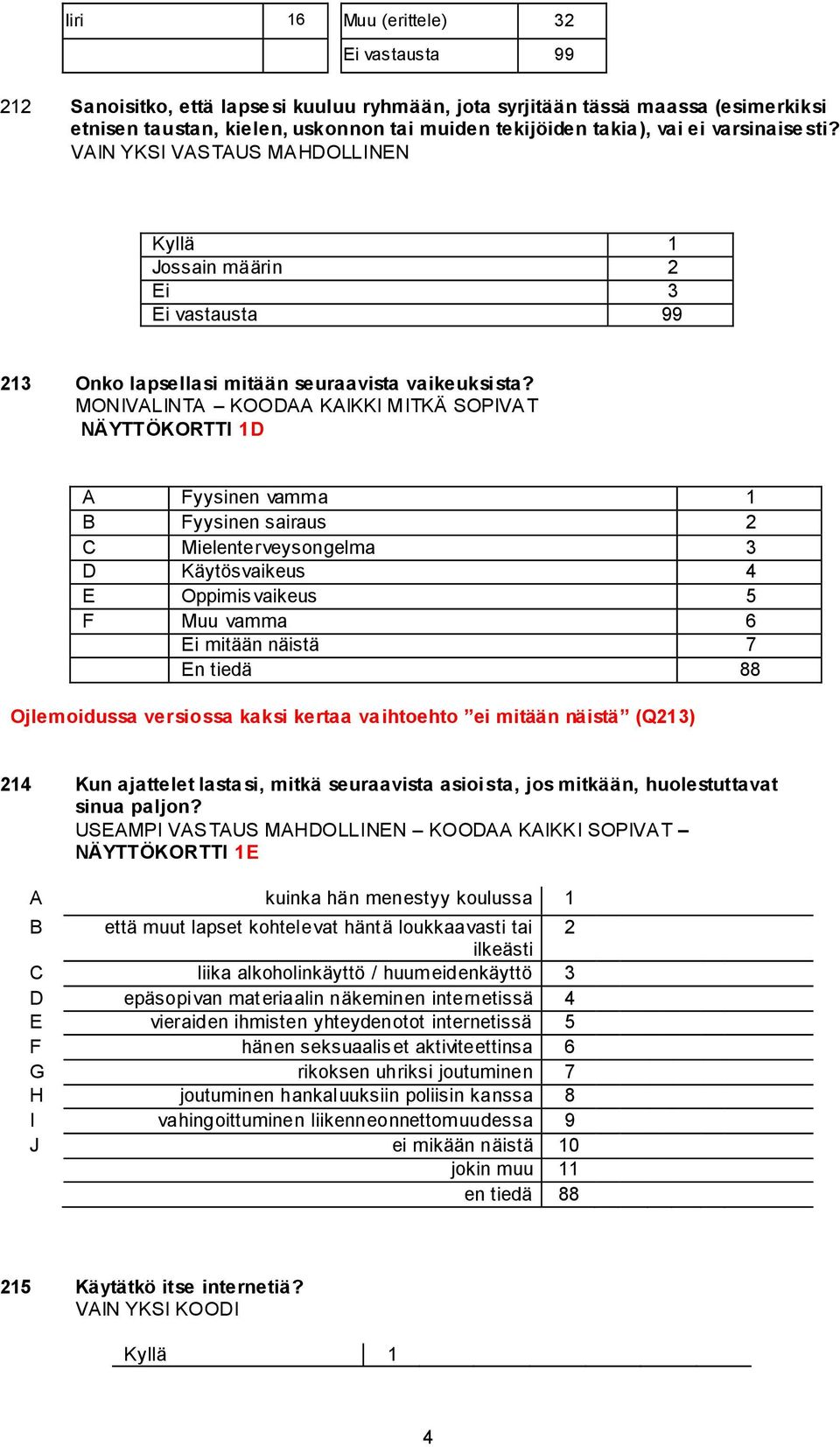 MONIVALINTA KOODAA KAIKKI MITKÄ SOPIVAT NÄYTTÖKORTTI 1D A Fyysinen vamma 1 B Fyysinen sairaus 2 C Mielenterveysongelma 3 D Käytösvaikeus 4 E Oppimisvaikeus 5 F Muu vamma 6 Ei mitään näistä 7 En tiedä