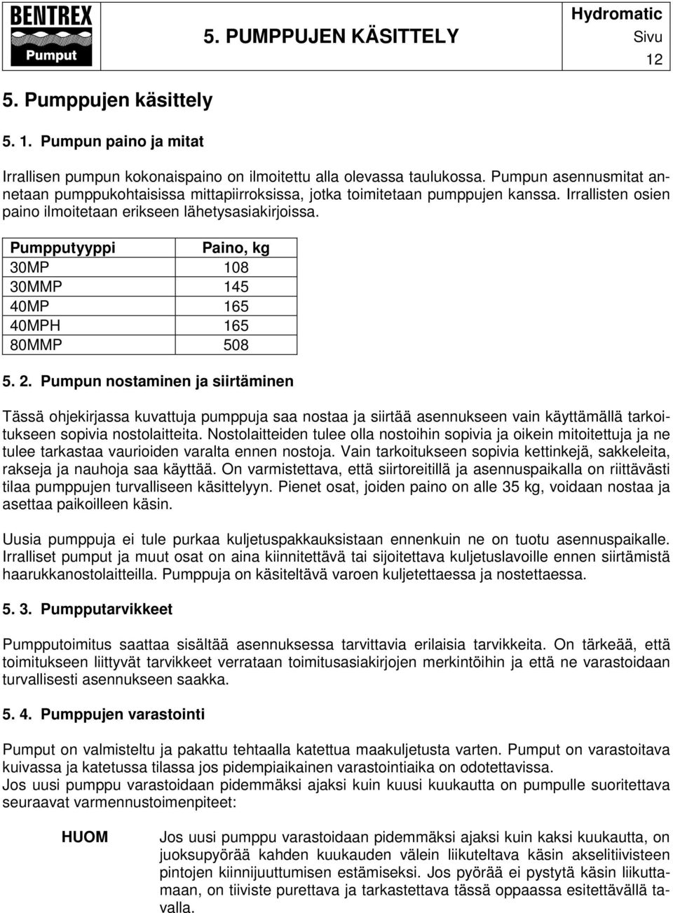 Pumpputyyppi Paino, kg 30MP 108 30MMP 145 40MP 165 40MPH 165 80MMP 508 5. 2.