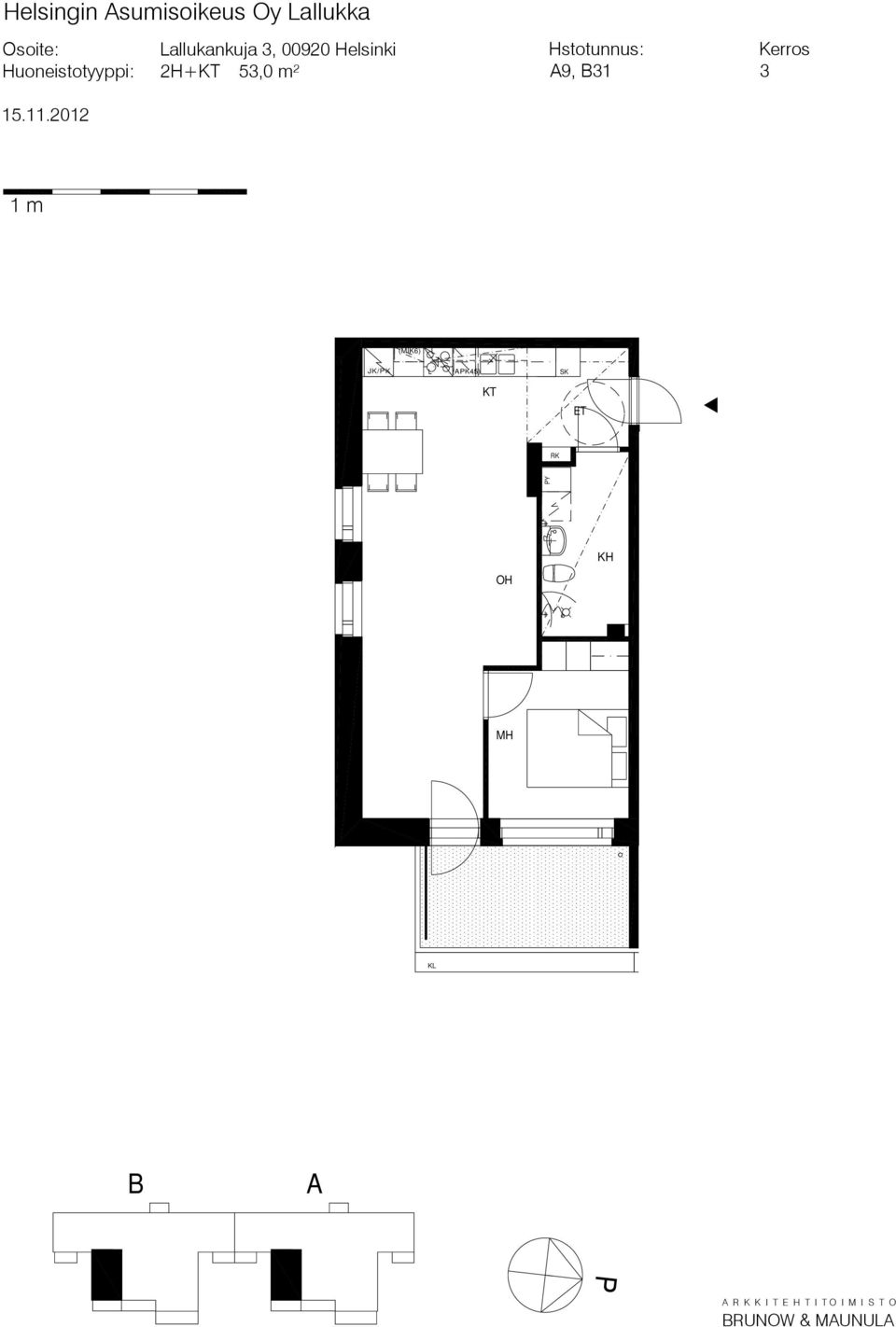 Huoneistotyyppi: 2H+KT 53,0 m² 9, 31 3