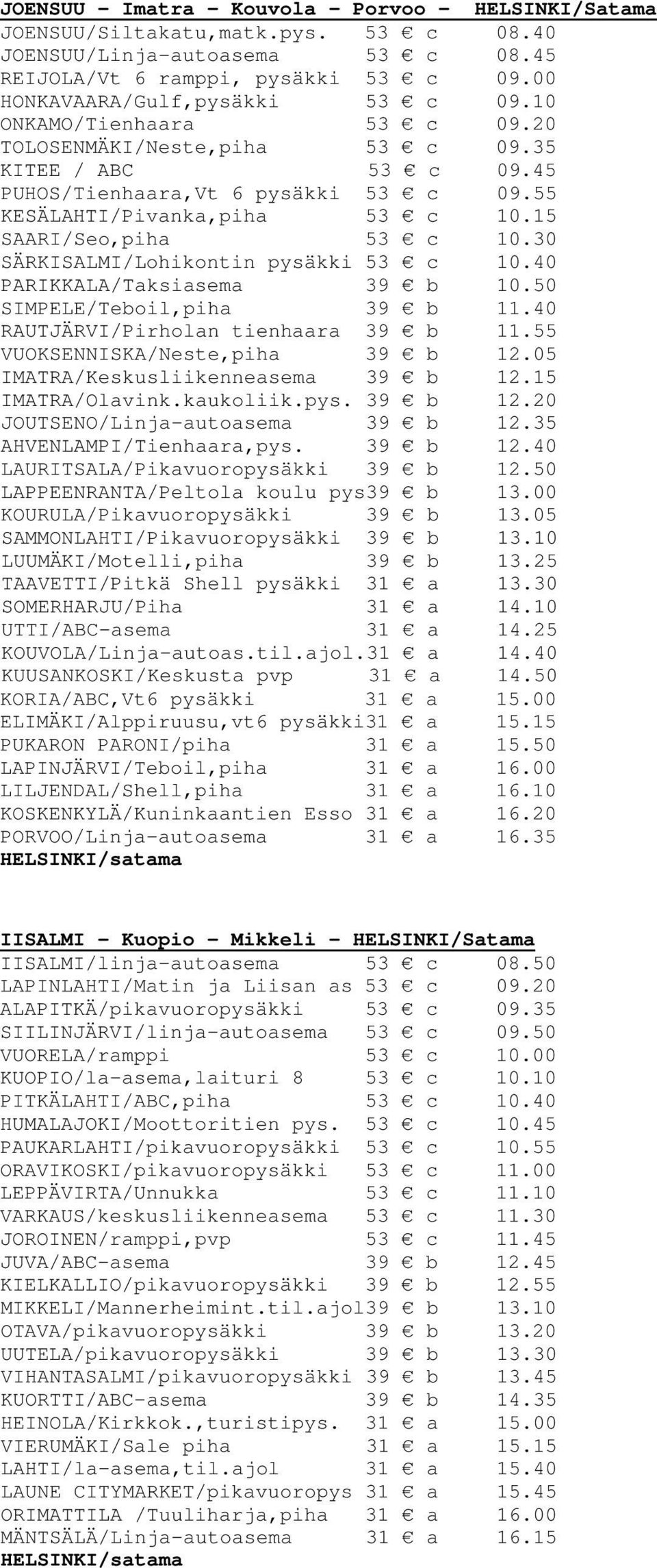 30 SÄRKISALMI/Lohikontin pysäkki 53 c 10.40 PARIKKALA/Taksiasema 39 b 10.50 SIMPELE/Teboil,piha 39 b 11.40 RAUTJÄRVI/Pirholan tienhaara 39 b 11.55 VUOKSENNISKA/Neste,piha 39 b 12.