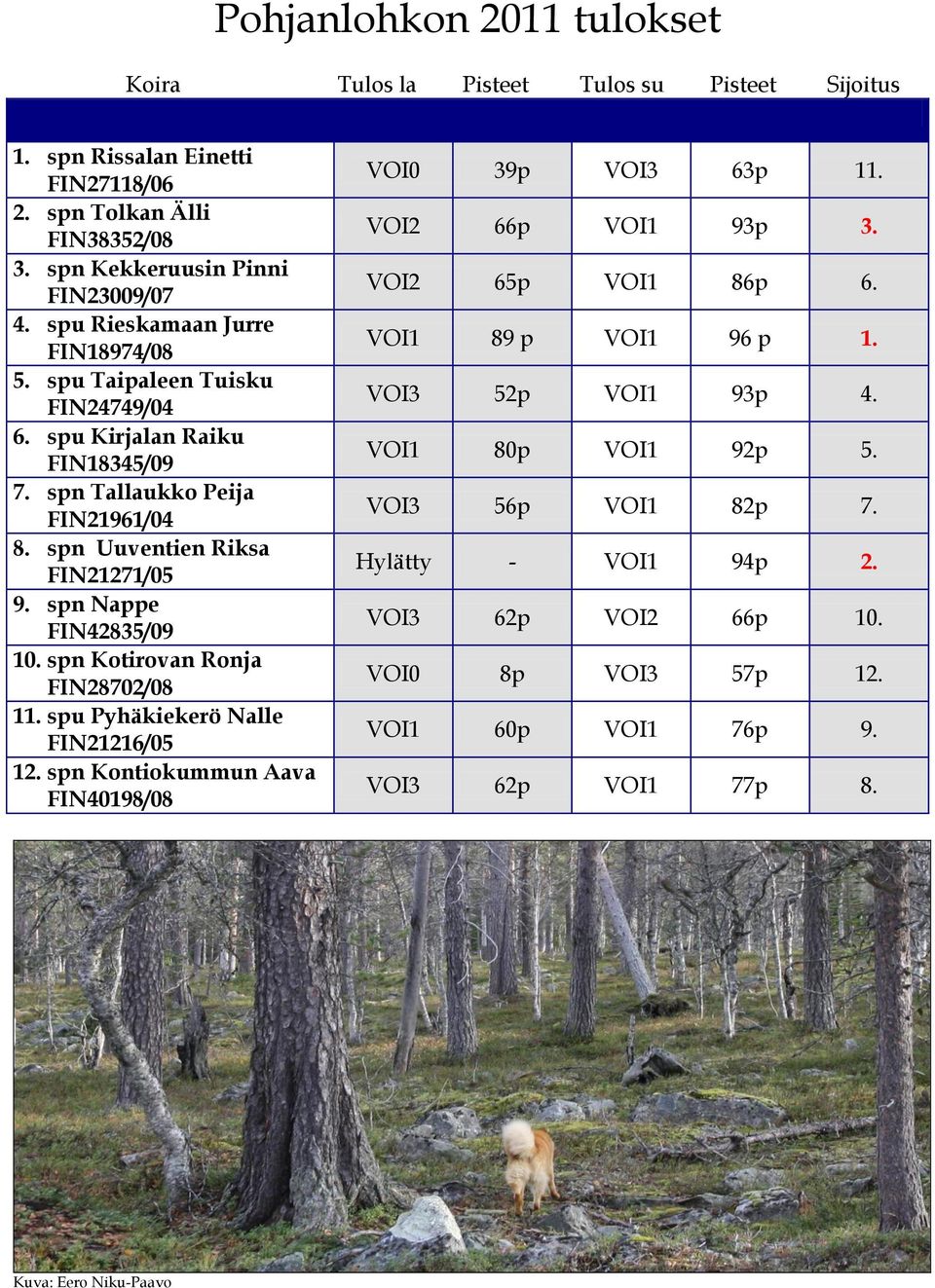 spn Nappe FIN42835/09 10. spn Kotirovan Ronja FIN28702/08 11. spu Pyhäkiekerö Nalle FIN21216/05 12. spn Kontiokummun Aava FIN40198/08 VOI0 39p VOI3 63p 11. VOI2 66p VOI1 93p 3.