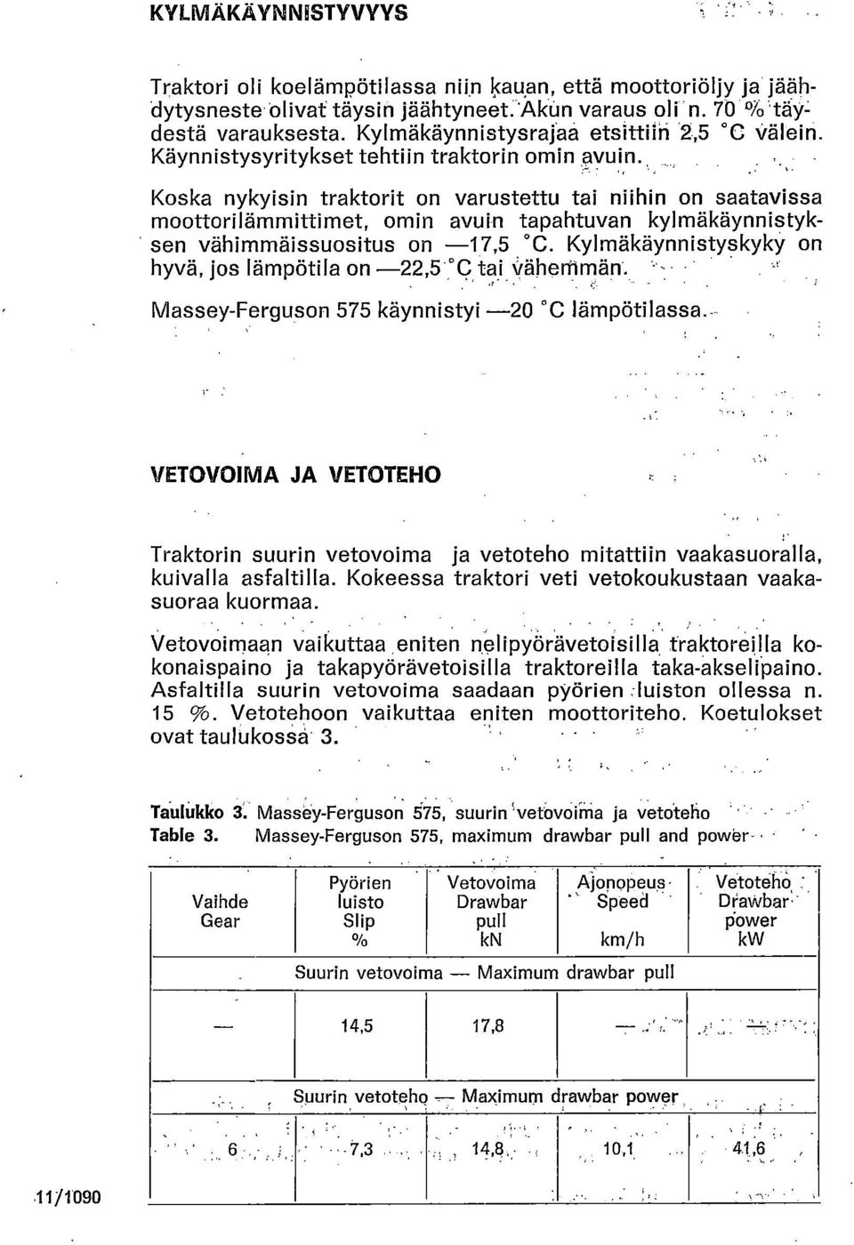 Koska nykyisin traktorit on varustettu tai niihin on saatavissa moottorilämmittimet, omin avuin tapahtuvan kylmäkäynnistyksen vähimnnäissuositus on 17,5 C.