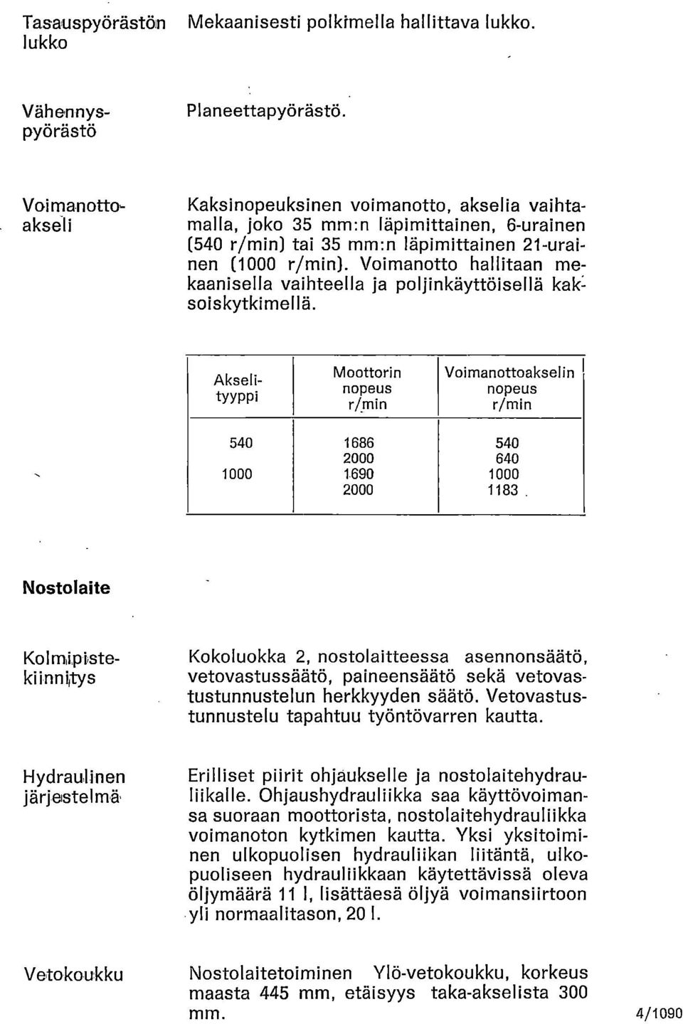 Voimanotto hallitaan mekaanisella vaihteella ja poljinkäyttöisellä kak: soiskytkimellä.