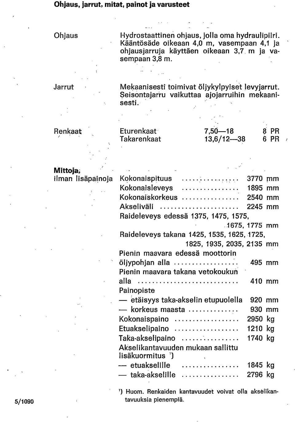 Renkaat Eturenkaat 7,50-18 8 PR Takarenkaat 13,6/12-38 6 PR Mittoja, ilman lisäpainoja Kokonaispituus 3770 mm Kokonaisleveys 1895 mm Kokonaiskorkeus 2540 mm Akseliväli 2245 mm Raideleveys edessä