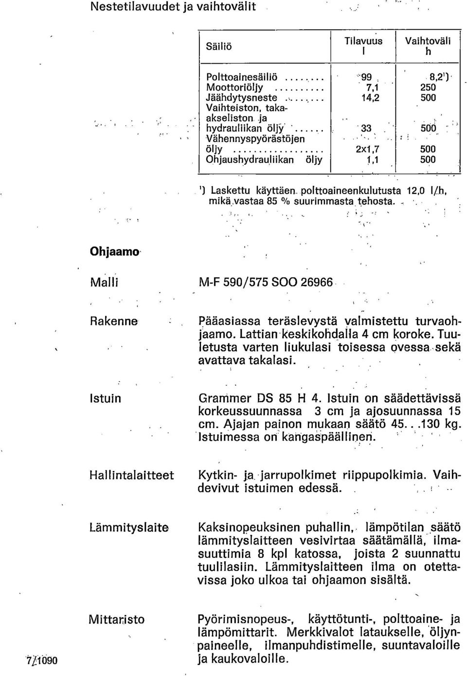 Ohjaamo Malli M-F 590/575 SOO 26966 Rakenne Pääasiassa teräslevystä valmistettu turvaohjaamo. Lattian keski kohdalla 4 cm koroke. Tuuletusta varten liukulasi toisessa ovessa sekä avattava takalasi.