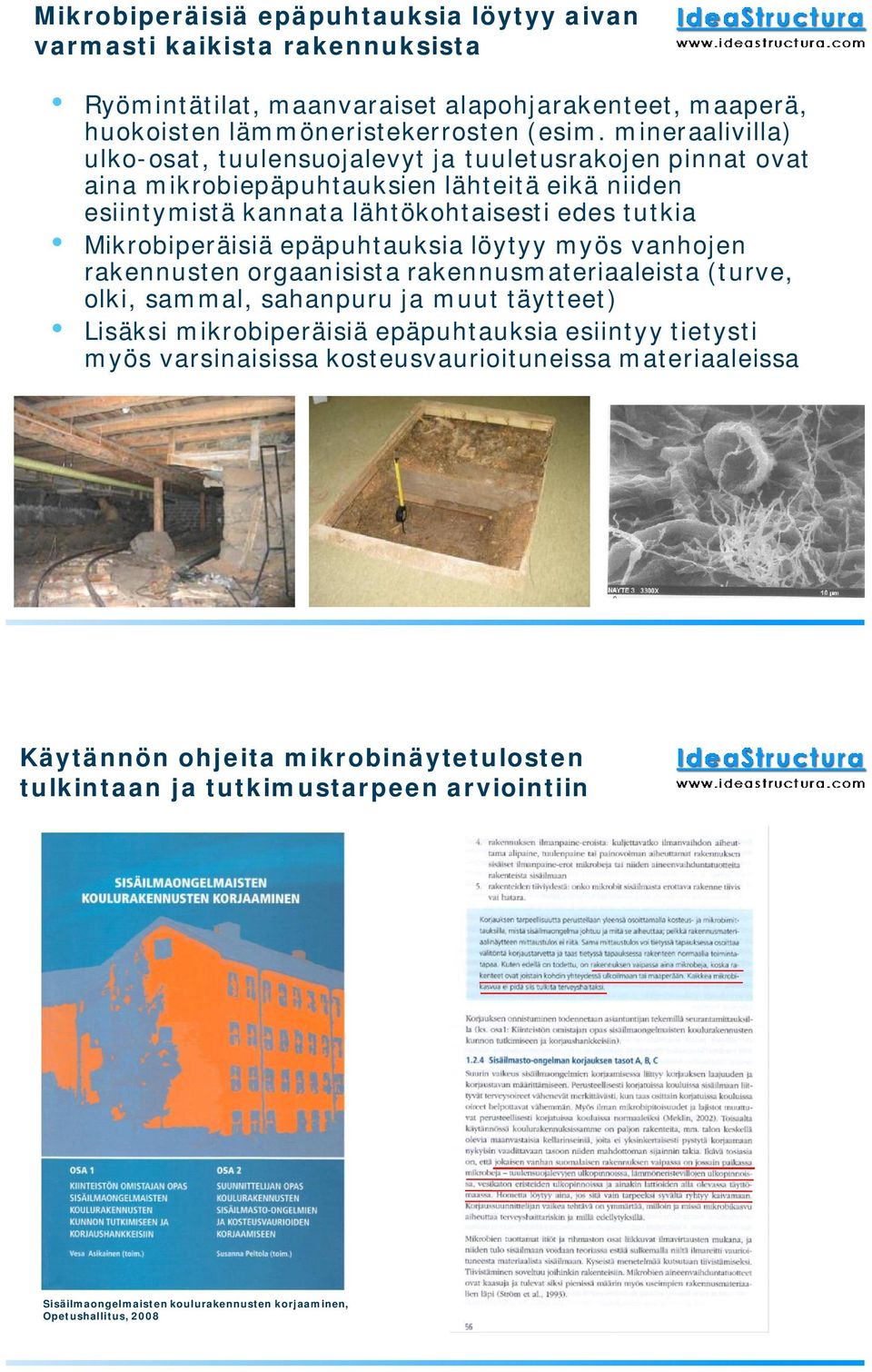 epäpuhtauksia löytyy myös vanhojen rakennusten orgaanisista rakennusmateriaaleista (turve, olki, sammal, sahanpuru ja muut täytteet) Lisäksi mikrobiperäisiä epäpuhtauksia esiintyy tietysti