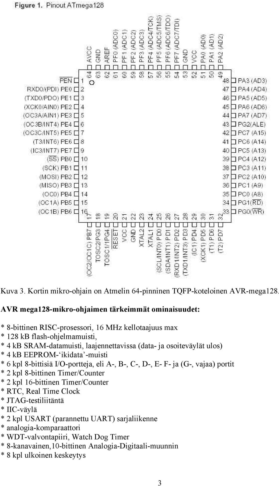 (data- ja osoiteväylät ulos) * 4 kb EEPROM- ikidata -muisti * 6 kpl 8-bittisiä I/O-portteja, eli A-, B-, C-, D-, E- F- ja (G-, vajaa) portit * 2 kpl 8-bittinen Timer/Counter * 2