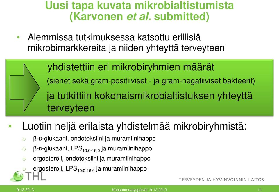 (sienet sekä gram-positiiviset - ja gram-negatiiviset bakteerit) ja tutkittiin kokonaismikrobialtistuksen yhteyttä terveyteen Luotiin neljä