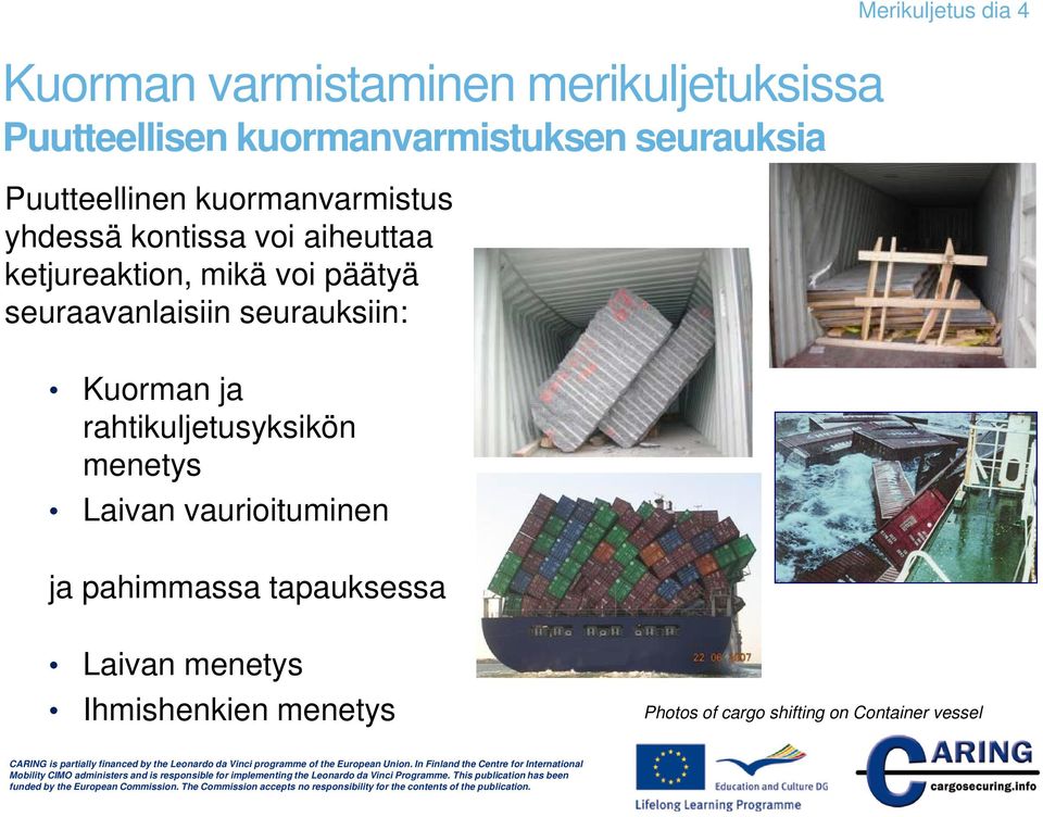 Kuorman ja rahtikuljetusyksikön menetys Laivan vaurioituminen ja pahimmassa tapauksessa