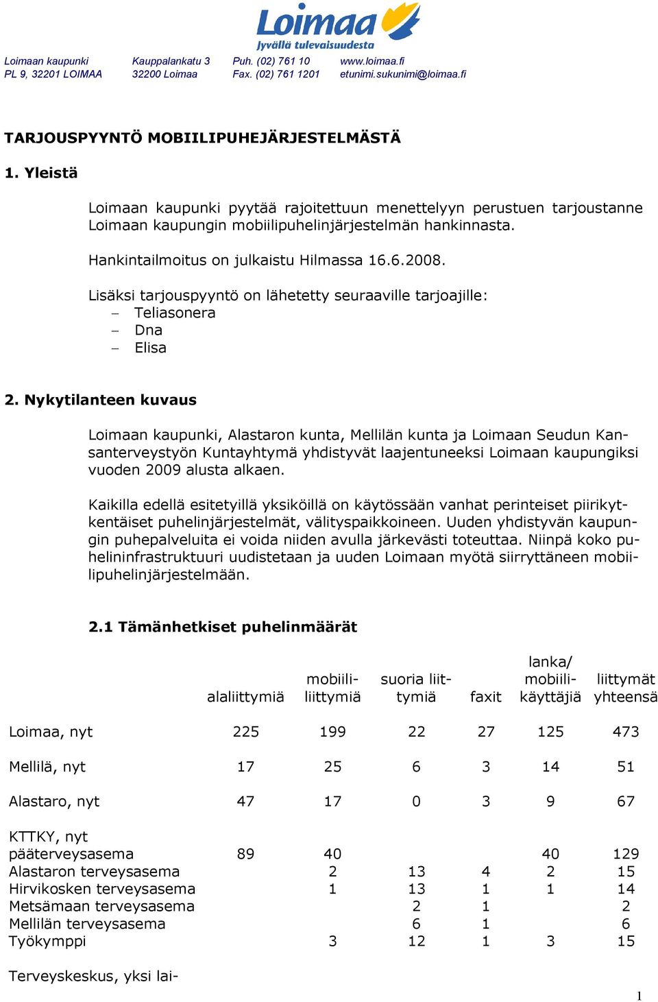 Nykytilanteen kuvaus Loimaan kaupunki, Alastaron kunta, Mellilän kunta ja Loimaan Seudun Kansanterveystyön Kuntayhtymä yhdistyvät laajentuneeksi Loimaan kaupungiksi vuoden 2009 alusta alkaen.