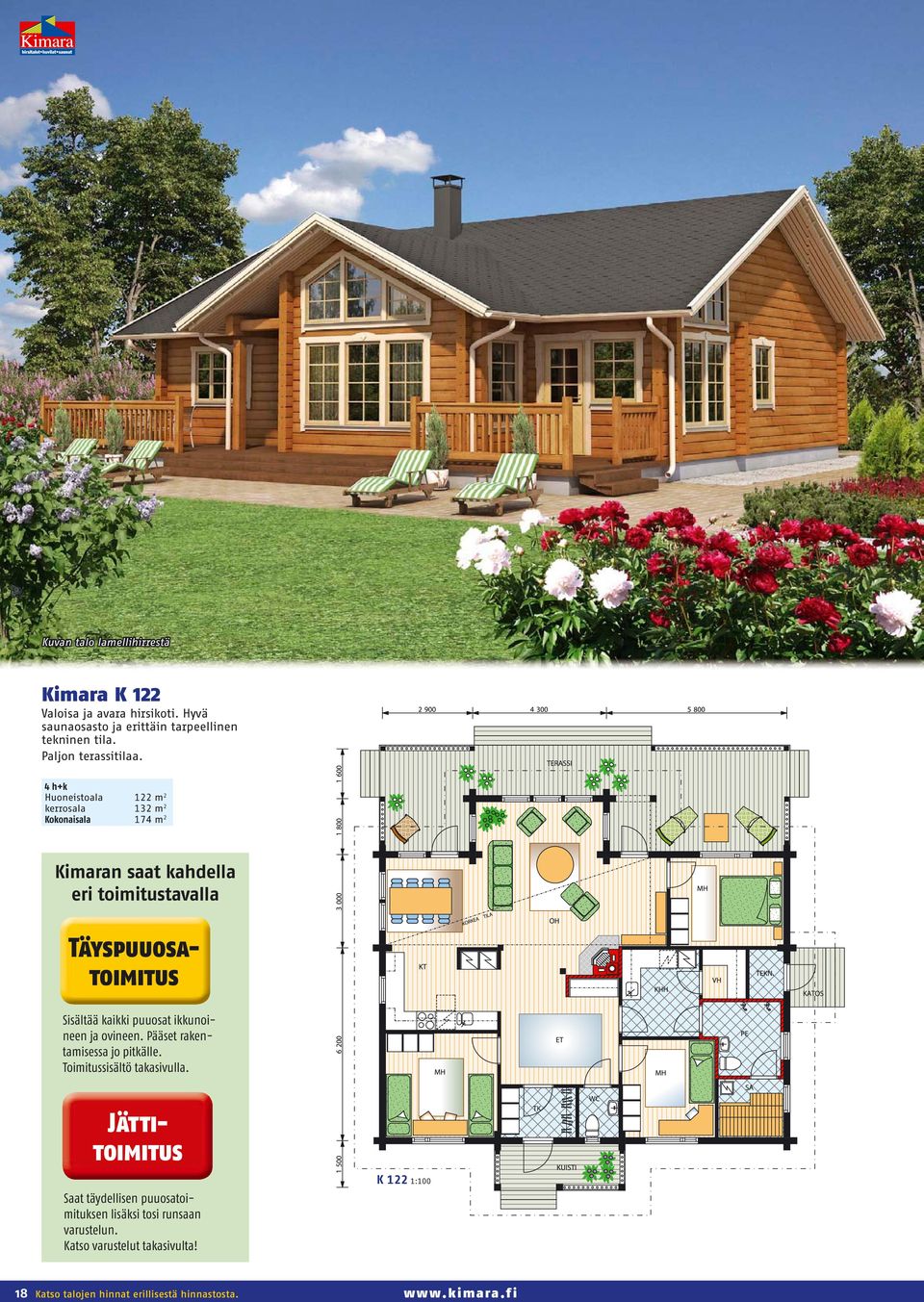 4 h+k Huoneistoala 122 m 2 kerrosala 132 m 2 Kokonaisala 174 m 2 Kimaran saat kahdella eri toimitustavalla Sisältää kaikki puuosat ikkunoineen