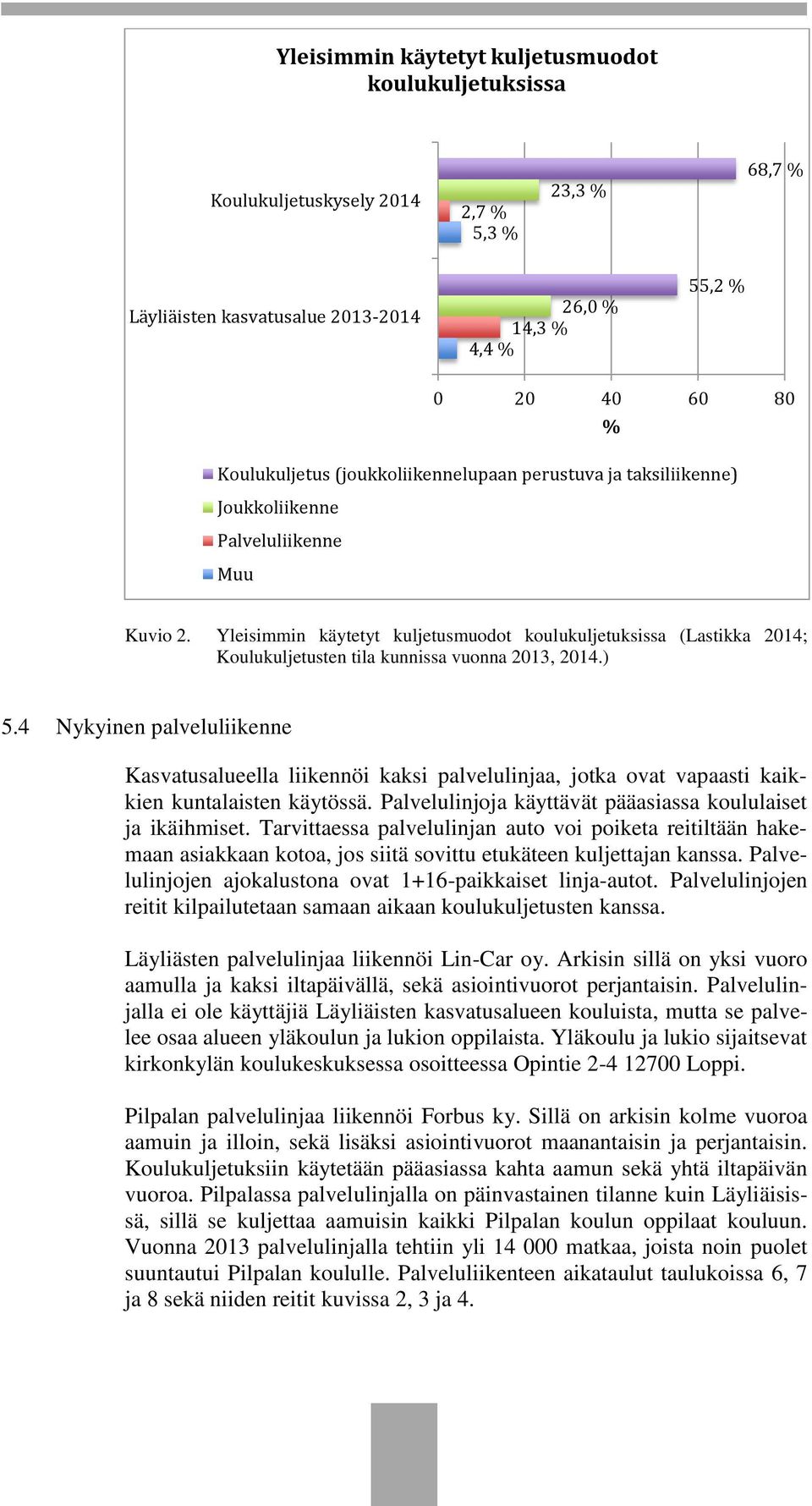 Yleisimmin käytetyt kuljetusmuodot koulukuljetuksissa (Lastikka 2014; Koulukuljetusten tila kunnissa vuonna 2013, 2014.) 5.