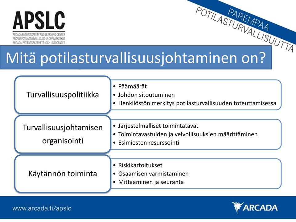 potilasturvallisuuden toteuttamisessa Turvallisuusjohtamisen organisointi Järjestelmälliset
