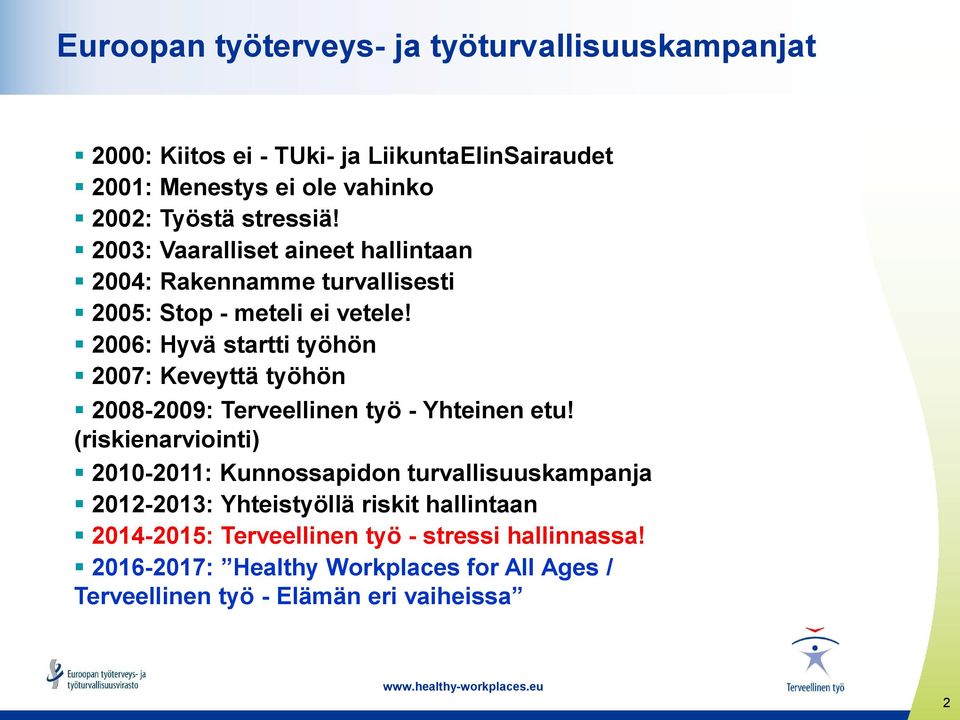 2006: Hyvä startti työhön 2007: Keveyttä työhön 2008-2009: Terveellinen työ - Yhteinen etu!