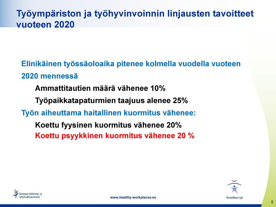 vähenee 10% Työpaikkatapaturmien taajuus alenee 25% Työn aiheuttama haitallinen