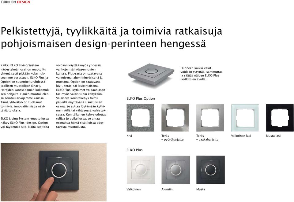 Tämä yhteistyö on tuottanut toimivia, innovatiivisia ja näyttäviä tuloksia. ELKO Living System -muotoilussa näkyy ELKO Plus -design. Option voi täydentää sitä.