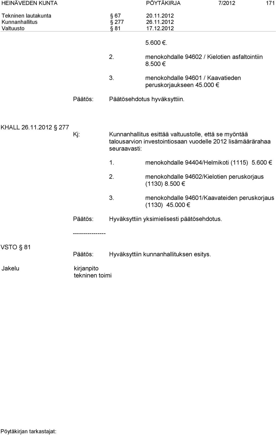 2012 277 VSTO 81 Kj: ---------------- Kunnanhallitus esittää valtuustolle, että se myöntää talousarvion investointiosaan vuodelle 2012 lisämäärärahaa seuraavasti: 1.