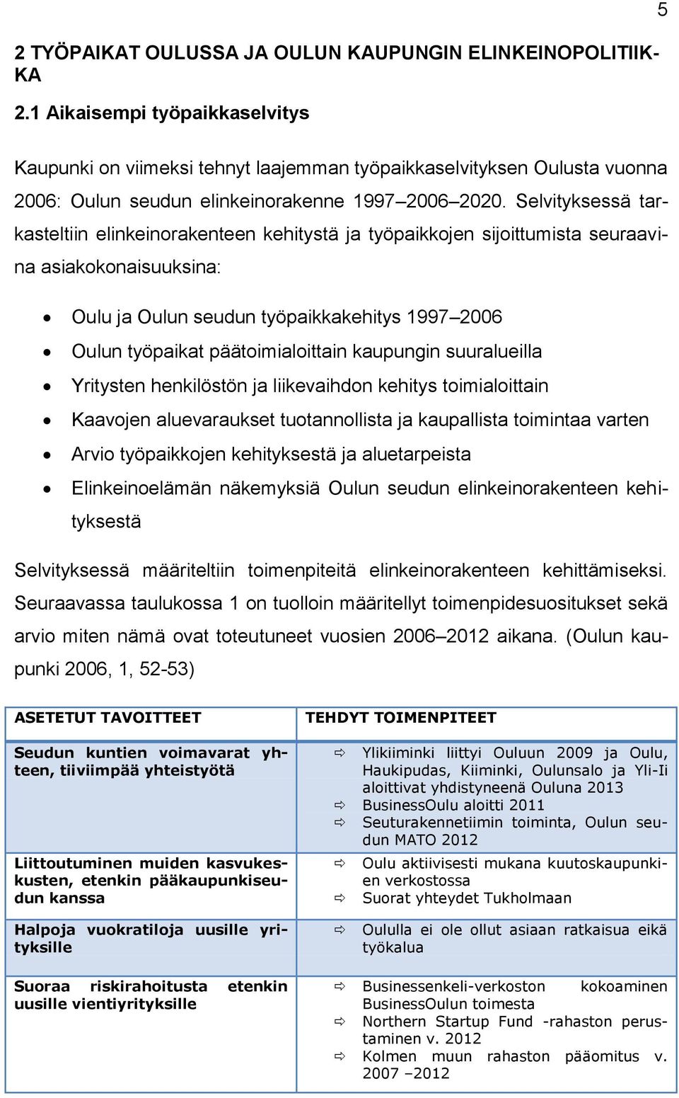 Selvityksessä tarkasteltiin elinkeinorakenteen kehitystä ja työpaikkojen sijoittumista seuraavina asiakokonaisuuksina: Oulu ja Oulun seudun työpaikkakehitys 1997 2006 Oulun työpaikat