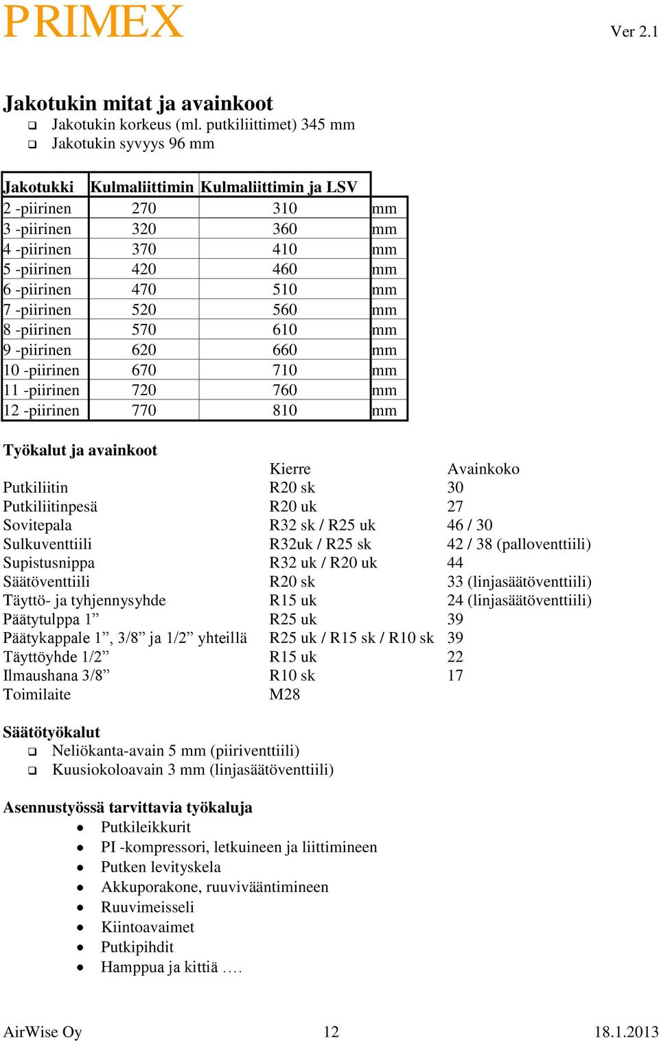 470 510 mm 7 -piirinen 520 560 mm 8 -piirinen 570 610 mm 9 -piirinen 620 660 mm 10 -piirinen 670 710 mm 11 -piirinen 720 760 mm 12 -piirinen 770 810 mm Työkalut ja avainkoot Kierre Avainkoko