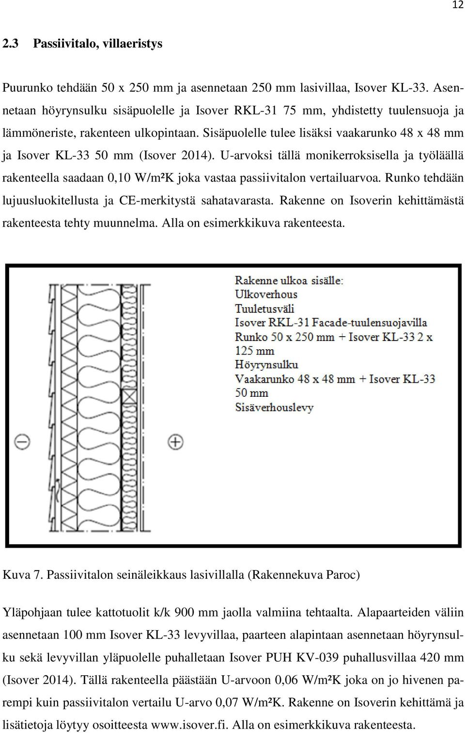 Sisäpuolelle tulee lisäksi vaakarunko 48 x 48 mm ja Isover KL-33 50 mm (Isover 2014).