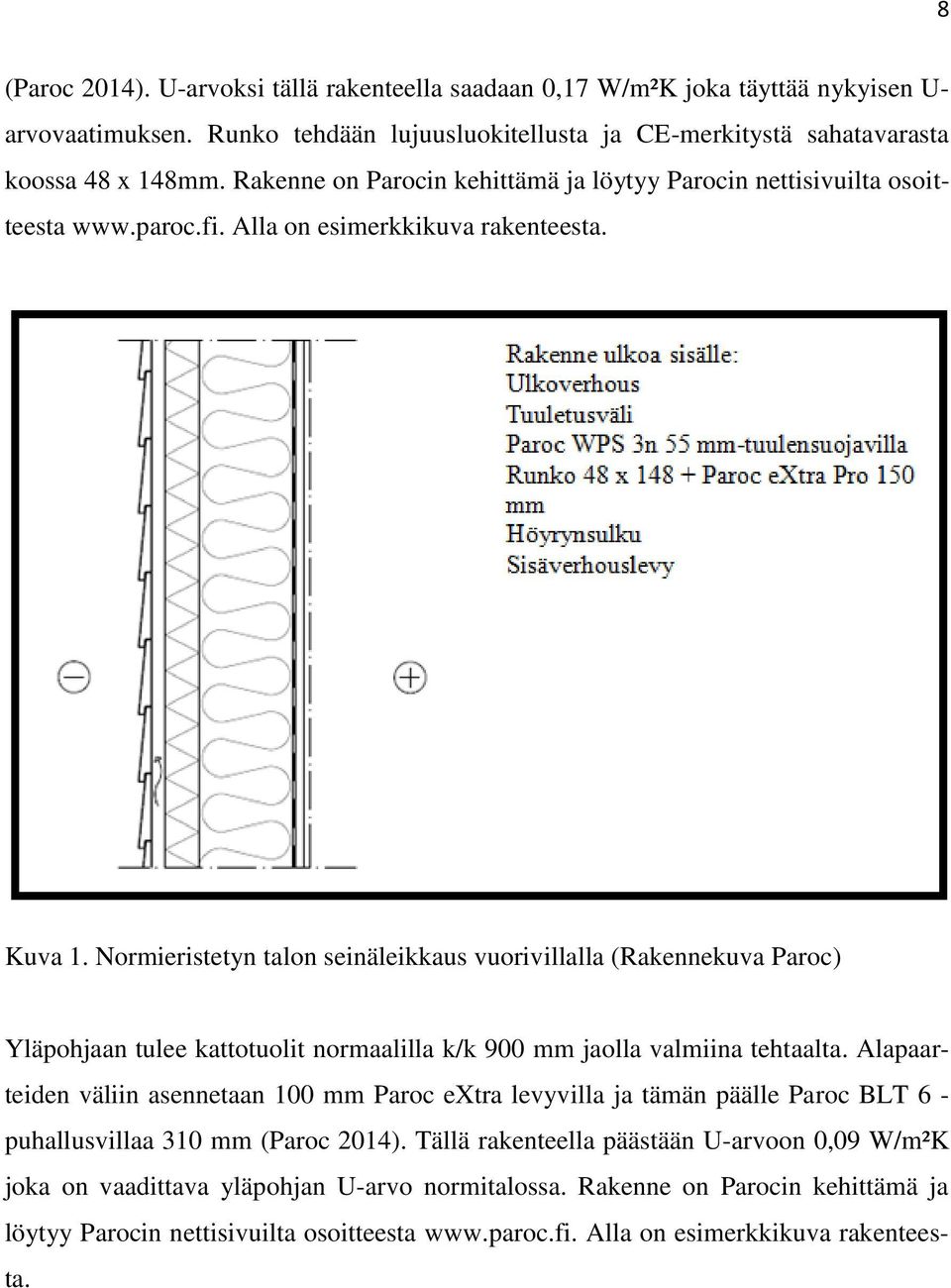 Normieristetyn talon seinäleikkaus vuorivillalla (Rakennekuva Paroc) Yläpohjaan tulee kattotuolit normaalilla k/k 900 mm jaolla valmiina tehtaalta.