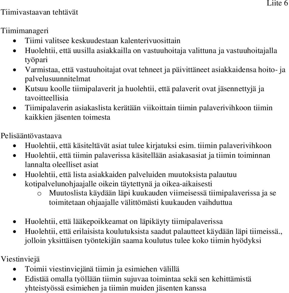 Tiimipalaverin asiakaslista kerätään viikoittain tiimin palaverivihkoon tiimin kaikkien jäsenten toimesta Pelisääntövastaava Huolehtii, että käsiteltävät asiat tulee kirjatuksi esim.