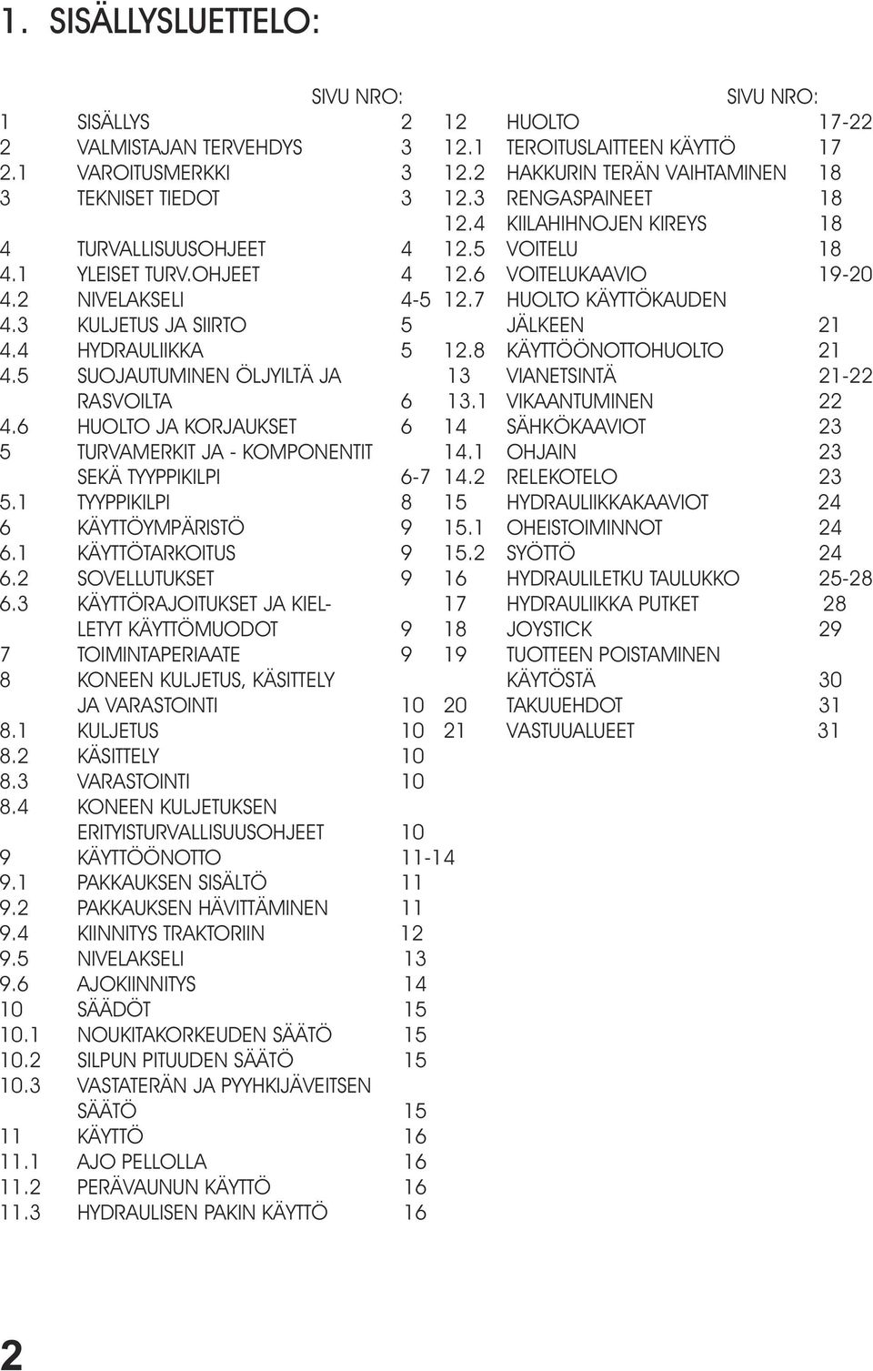 2 NIVELAKSELI 4-5 12.7 HUOLTO KÄYTTÖKAUDEN 4.3 KULJETUS JA SIIRTO 5 JÄLKEEN 21 4.4 HYDRAULIIKKA 5 12.8 KÄYTTÖÖNOTTOHUOLTO 21 4.5 SUOJAUTUMINEN ÖLJYILTÄ JA 13 VIANETSINTÄ 21-22 RASVOILTA 6 13.