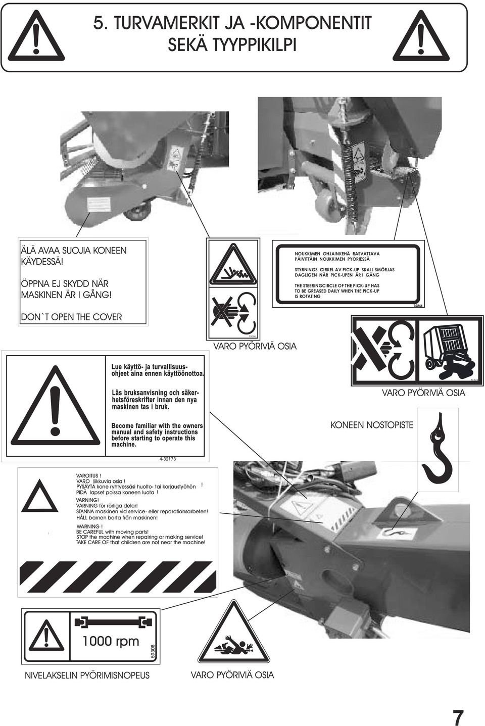 WHEN THE PICK-UP IS ROTATING DON`T OPEN THE COVER 32244 15068 VARO PYÖRIVIÄ OSIA Lue käyttö- ja turvallisuusohjeet aina ennen käyttöönottoa.