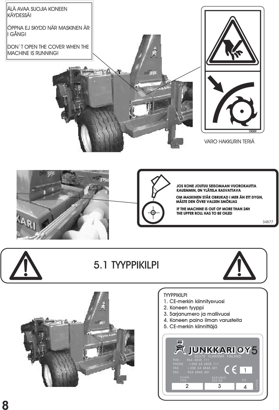 IF THE MACHINE IS OUT OF MORE THAN 24H THE UPPER ROLL HAS TO BE OILED 34877 5.1 TYYPPIKILPI TYYPPIKILPI 1. CE-merkin kiinnitysvuosi 2. Koneen tyyppi 3.