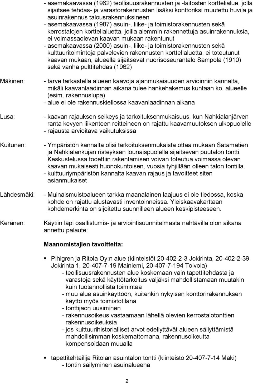 (2000) asuin-, liike- ja toimistorakennusten sekä kulttuuritoimintoja palvelevien rakennusten korttelialuetta, ei toteutunut kaavan mukaan, alueella sijaitsevat nuorisoseurantalo Sampola (1910) sekä