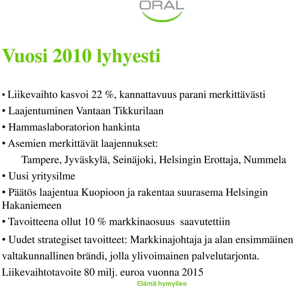 Kuopioon ja rakentaa suurasema Helsingin Hakaniemeen Tavoitteena ollut 10 % markkinaosuus saavutettiin Uudet strategiset tavoitteet: