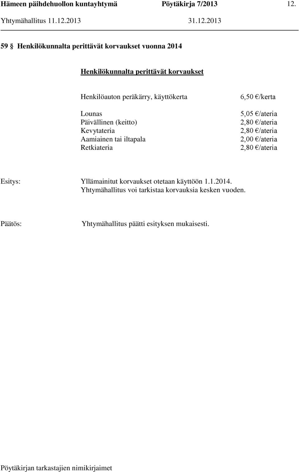 /kerta 5,05 /ateria 2,80 /ateria 2,80 /ateria 2,00 /ateria 2,80 /ateria Yllämainitut korvaukset otetaan