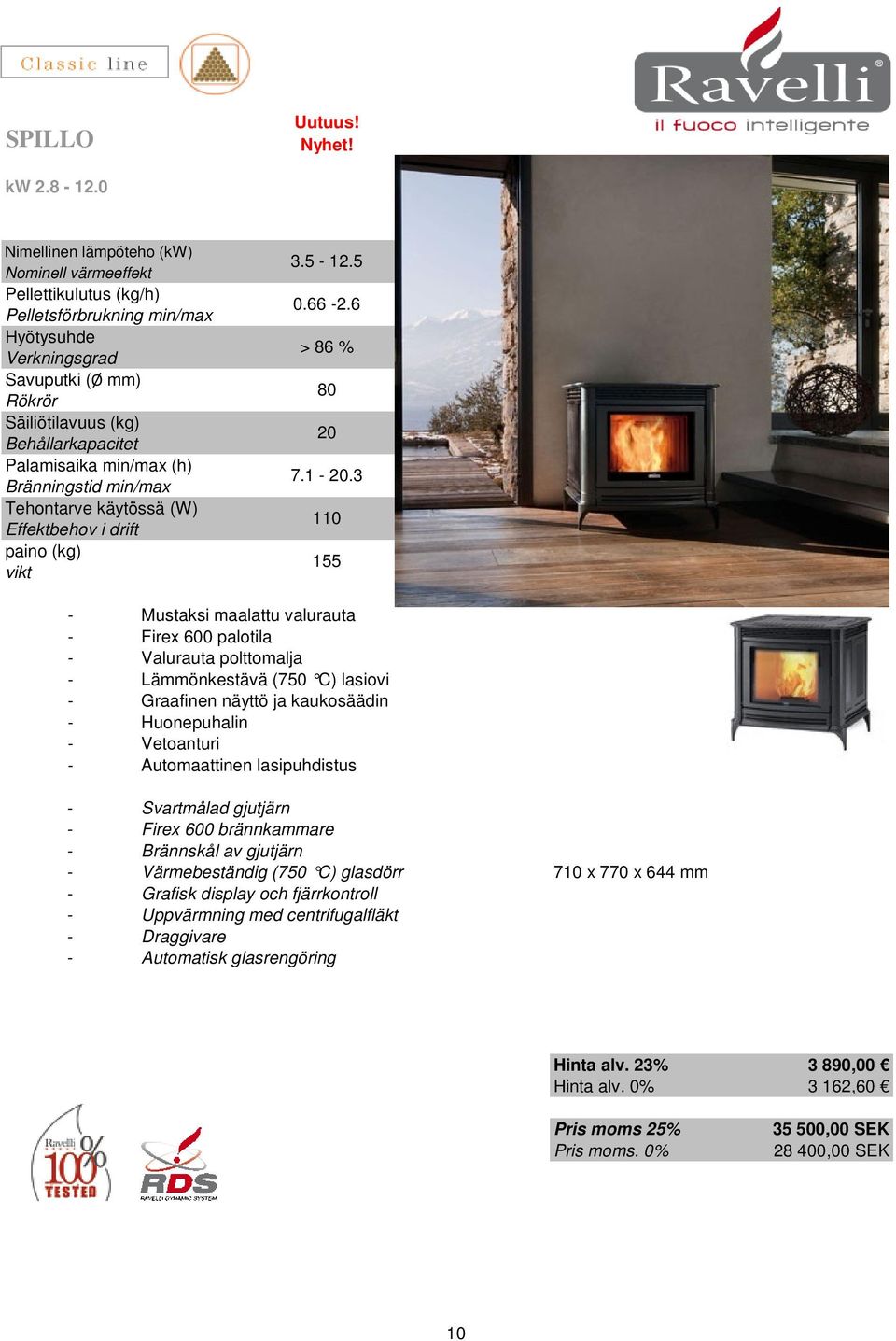 - Huonepuhalin - Vetoanturi - Automaattinen lasipuhdistus - Svartmålad gjutjärn - Firex 600 brännkammare - Brännskål av gjutjärn - Värmebeständig