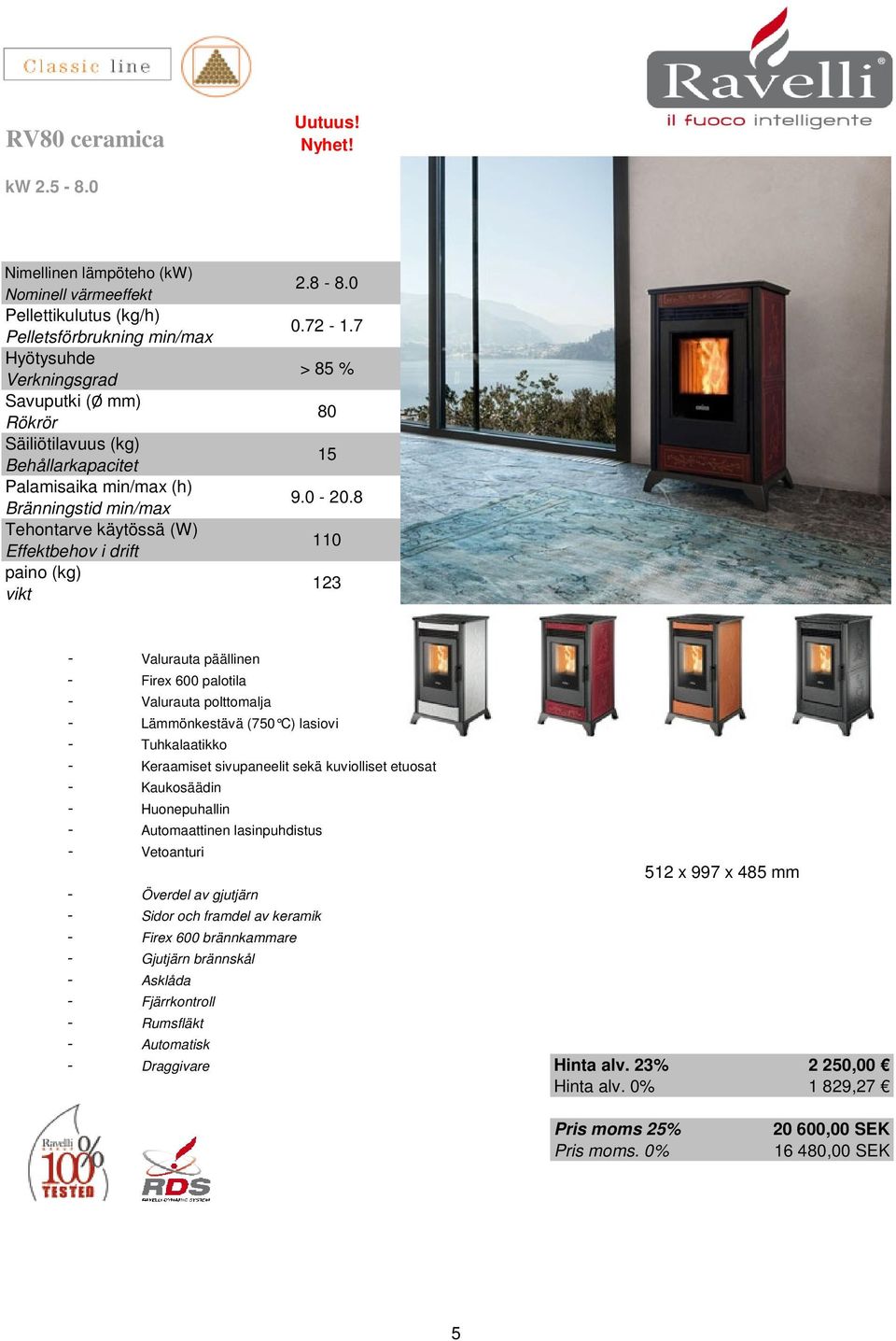 Tuhkalaatikko - Keraamiset sivupaneelit sekä kuviolliset etuosat - Kaukosäädin - Huonepuhallin - Automaattinen lasinpuhdistus - Vetoanturi 512 x 997 x