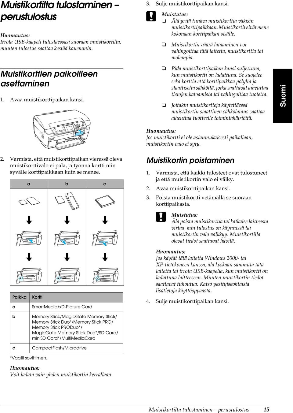 Muistikortin väärä lataaminen voi vahingoittaa tätä laitetta, muistikorttia tai molempia. Muistikorttien paikoilleen asettaminen 1. Avaa muistikorttipaikan kansi.