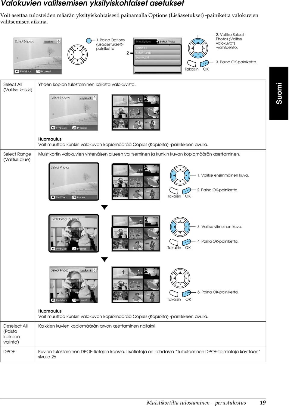 Suomi Select Range (Valitse alue) Voit muuttaa kunkin valokuvan kopiomäärää Copies (Kopioita) -painikkeen avulla.