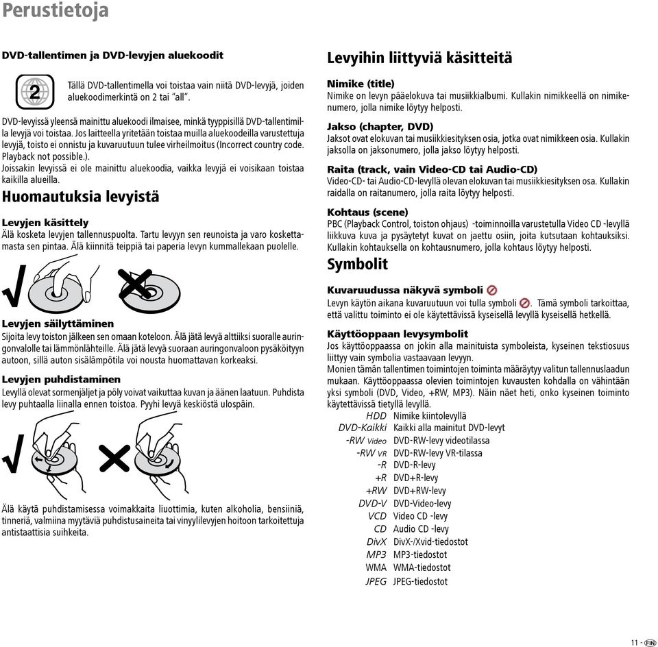 Jos laitteella yritetään toistaa muilla aluekoodeilla varustettuja levyjä, toisto ei onnistu ja kuvaruutuun tulee virheilmoitus (Incorrect country code. Playback not possible.).