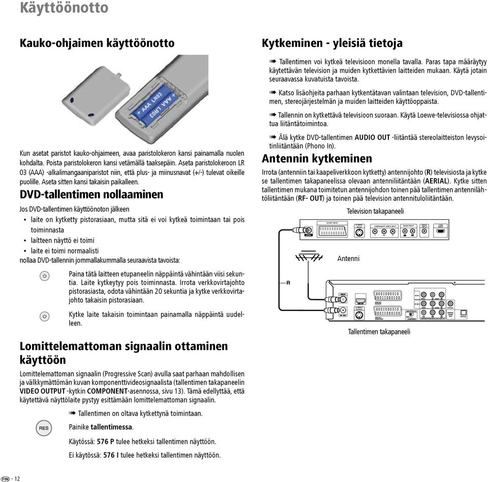 DVD-tallentimen nollaaminen Jos DVD-tallentimen käyttöönoton jälkeen laite on kytketty pistorasiaan, mutta sitä ei voi kytkeä toimintaan tai pois toiminnasta laítteen näyttö ei toimi laite ei toimi