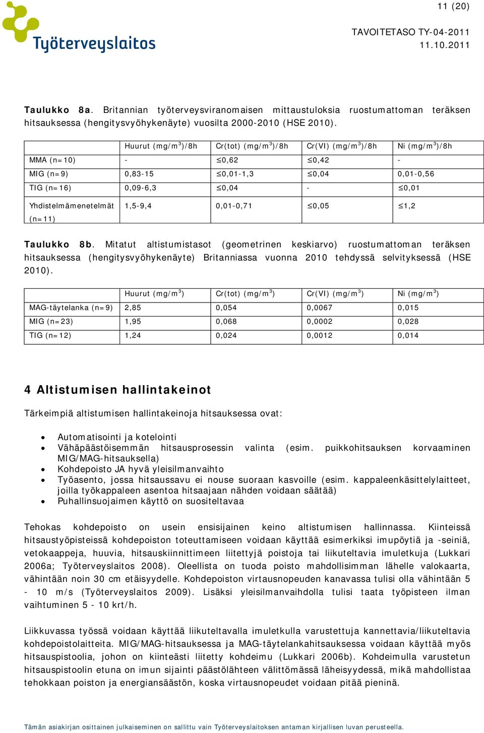 Taulukko 8b. Mitatut altistumistasot (geometrinen keskiarvo) ruostumattoman teräksen hitsauksessa (hengitysvyöhykenäyte) Britanniassa vuonna 2010 tehdyssä selvityksessä (HSE 2010).