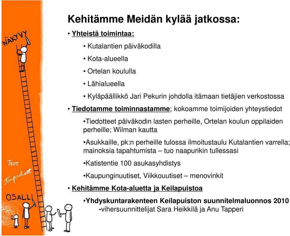 kautta Asukkaille, pk:n perheille tulossa ilmoitustaulu Kutalantien varrella; mainoksia tapahtumista tuo naapurikin tullessasi Katistentie 100 asukasyhdistys